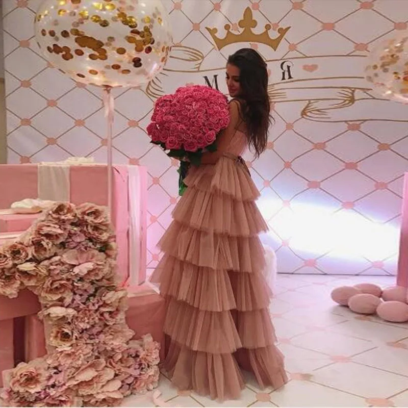 

Fashion Floor Length Skirt Custom Zipper Waistline A Line Tiered Tulle Long Maxi Skirt Chic Ruffled Skirts Women Free Shipping