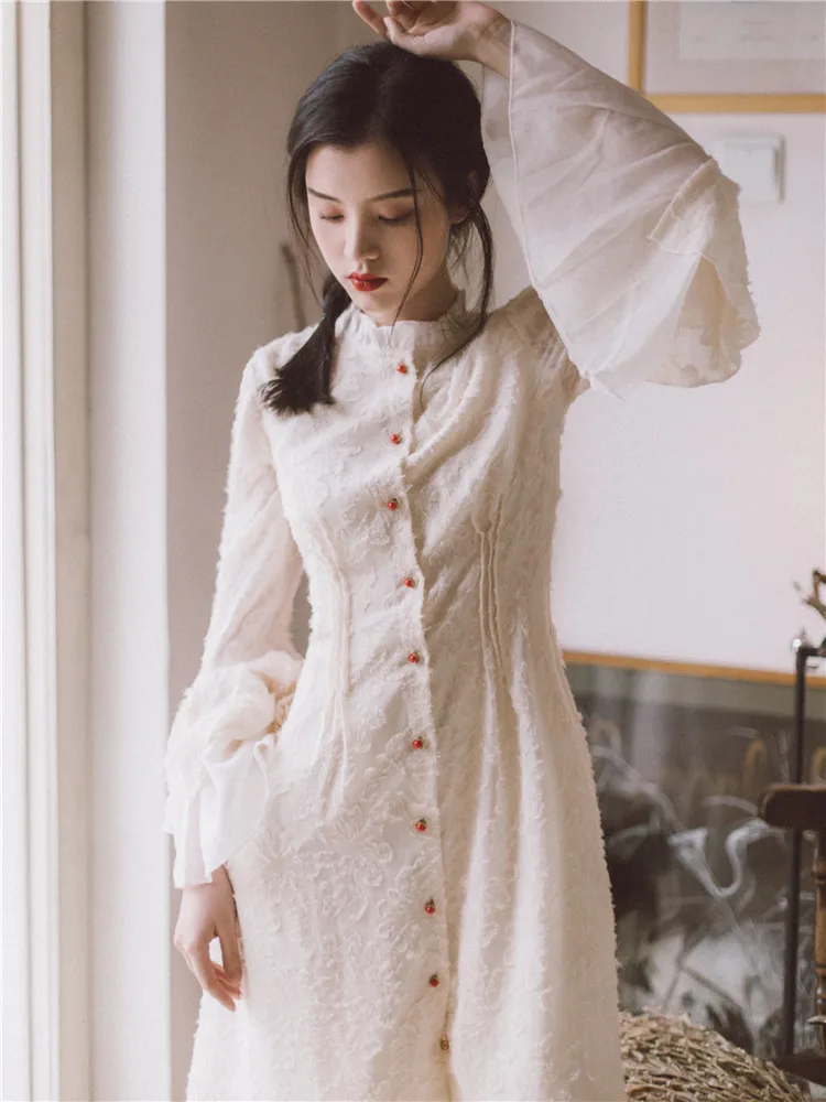 Винтаж Mori Girl длинное платье макси Ретро Вышивка кружево с расклешенными рукавами Раффлед Феи платья для женщин Vestidos Весна Осень