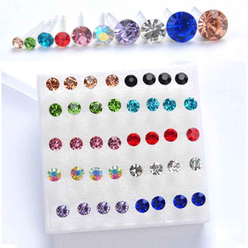 

Unisex Korean Mix Color 20 Pairs/pack Round Rhinestones Crystal Piercing Stud Earrings For Women and Men Fashion Jewelry