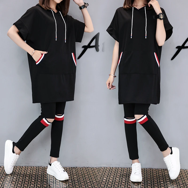 

A Women Casual Suit New Casual Hooded Top Fleece Summer Two-Piece Leggings Pants Set Clothing Stripe Fashion White Black S- 4XL