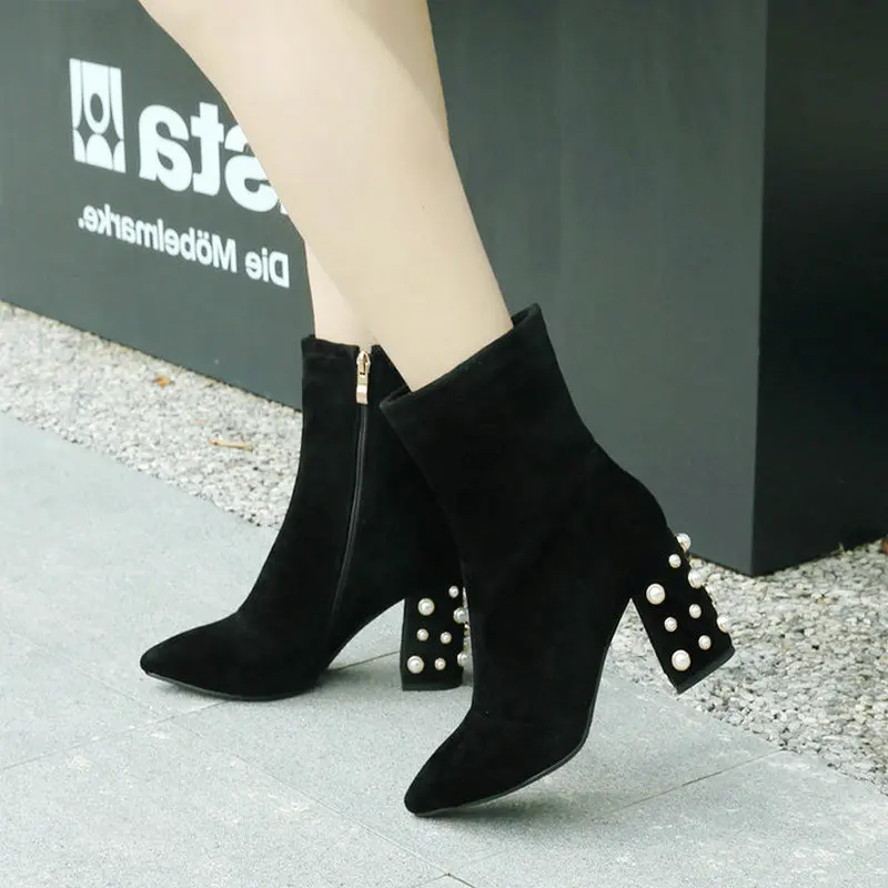 

Women's Flock Leather Ankle Boots Crysal Square High Heel Bootie Zipper Pointed Toe Winter Fashion Ladies Shoes