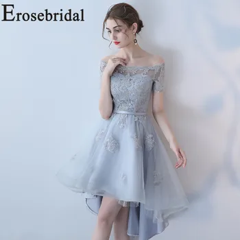 

Erosebridal High Low Prom Dress 2019 New Party Gowns with Lace Up Back Simple Appliques Bodice Short Sleeve 48 Hours Shipping