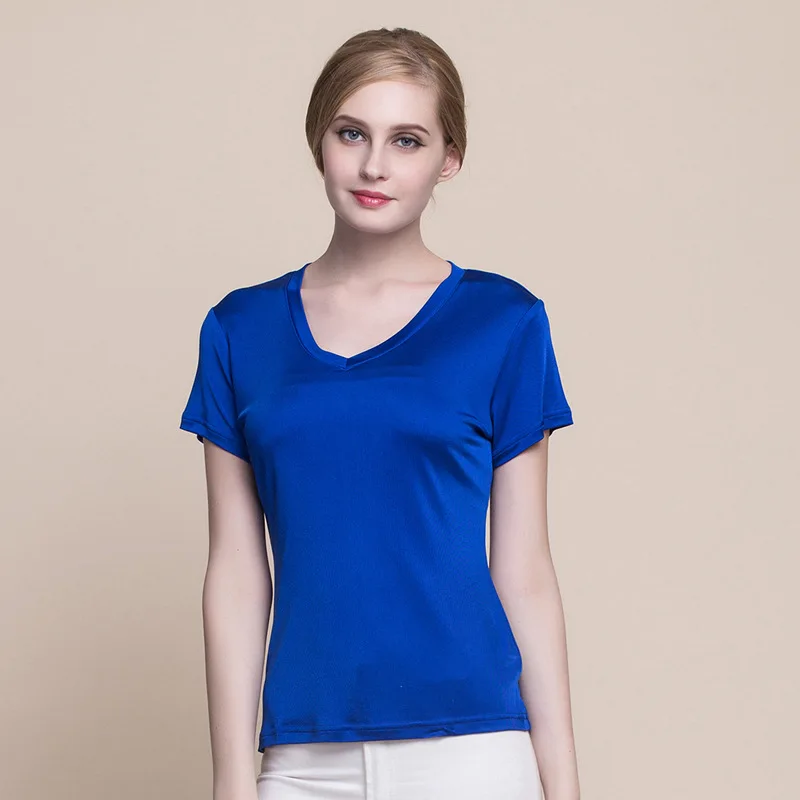 

Summer Women 100% Real Silk T-shirt Casual Knitted Short Sleeve Shirts Comfortable Breathable Loose V-neck T-shirts 1008