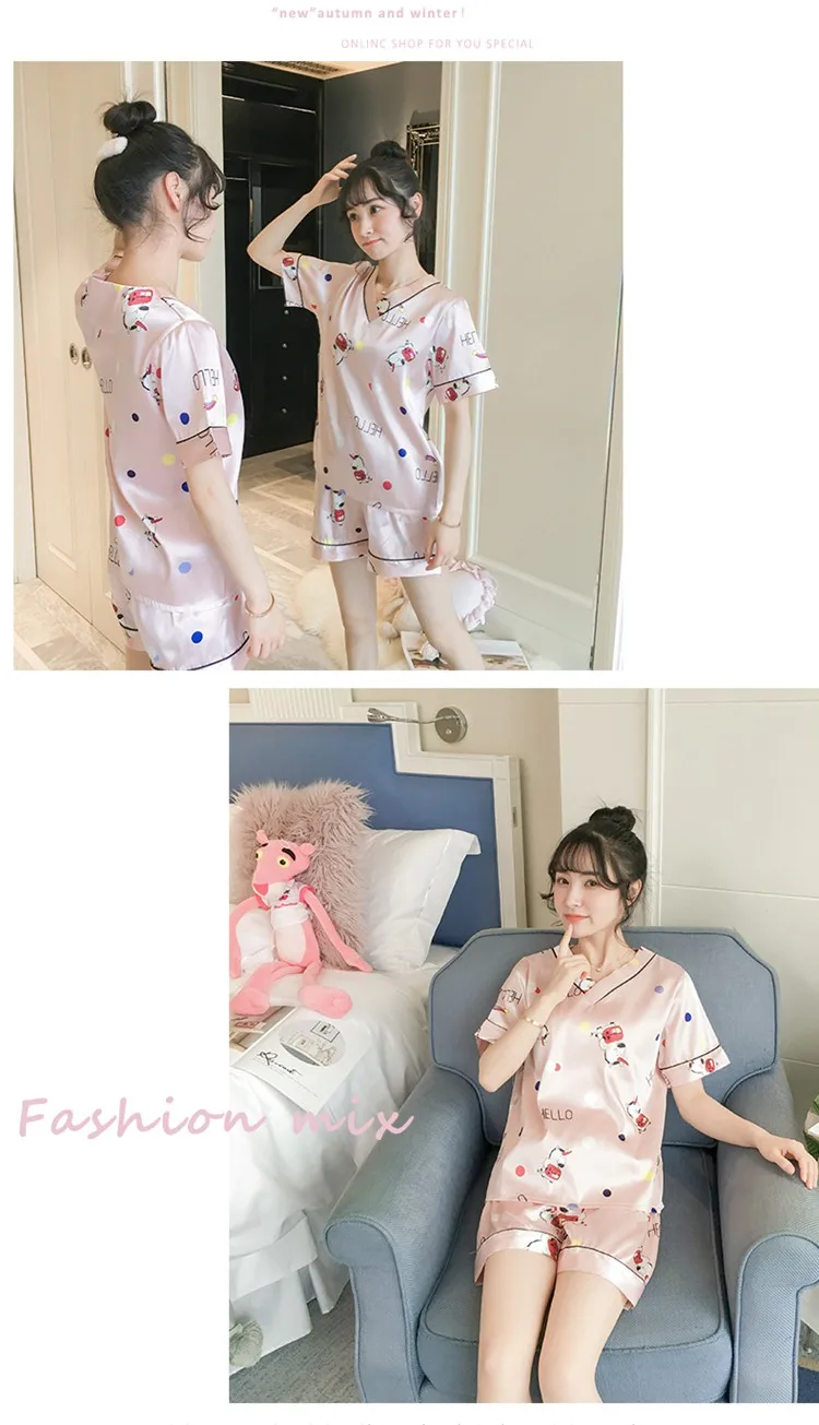 Летние шелковые атласные шорты с v-образным вырезом пижамный комплект для женщин с коротким рукавом с милым принтом пижамы домашняя пижама Mujer одежда