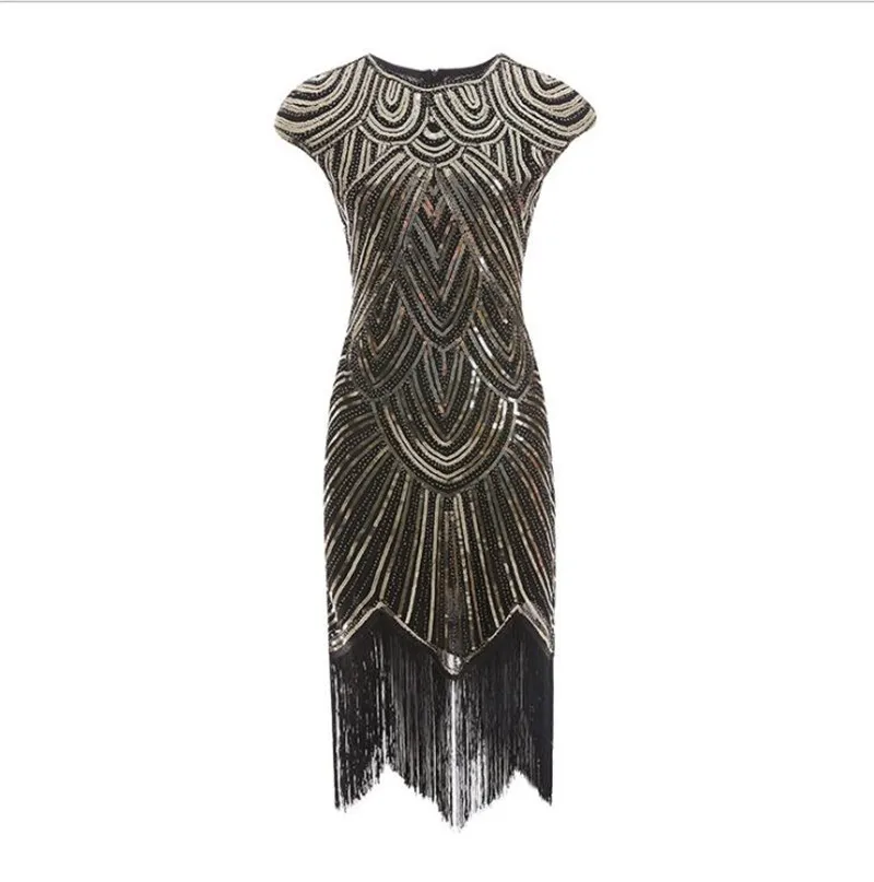 Vintage Women Plus Size Great Gatsby Dress Sleeveless 1920s Flapper CHARLESTON COSTUME Cocktail Party Fringed Sequin Dress - Цвет: Золотой