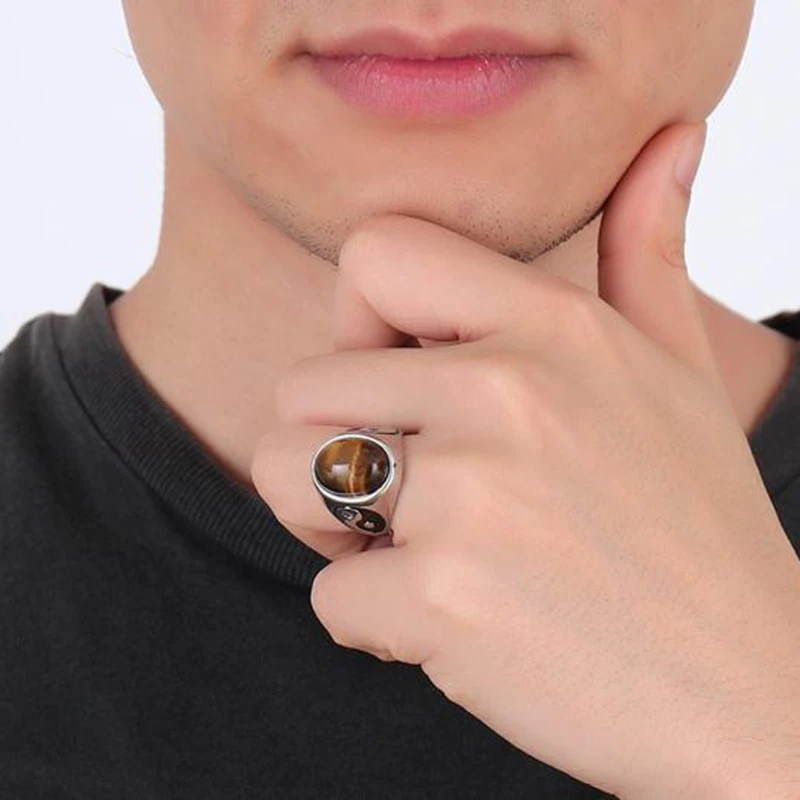 

JAVRICK Vintage Oval Tiger Eye Brown Stones Yin Yang Lover Ring Stainless Steel Jewelry Accessories