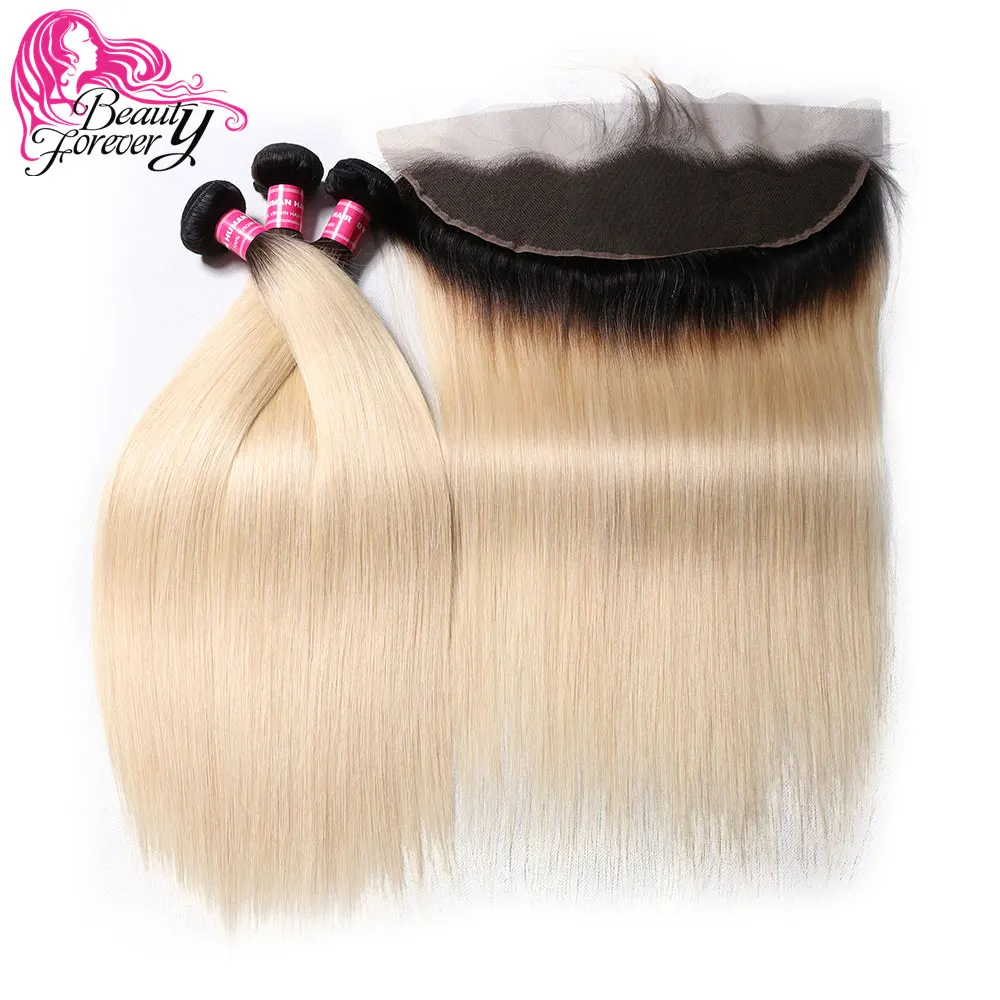 

Beauty Forever 13*4 Lace Frontal Straight Brazilian Hair Weaves Bundles With Closure Free Part Remy Human Hair T1B/613