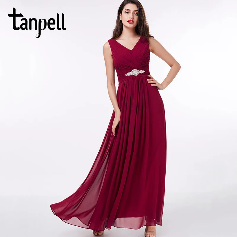 

Tanpell long v neck evening dress cheap sexy black Floor-Length sleeveless dress burgundy beading pleats party evening dress