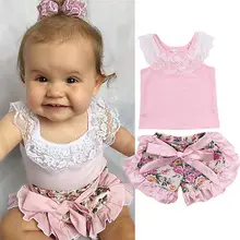Kids Baby Girl Lace Tops T-shirt Silk Ruffles Floral Shorts Pants Outfits Set 3-24 months pink