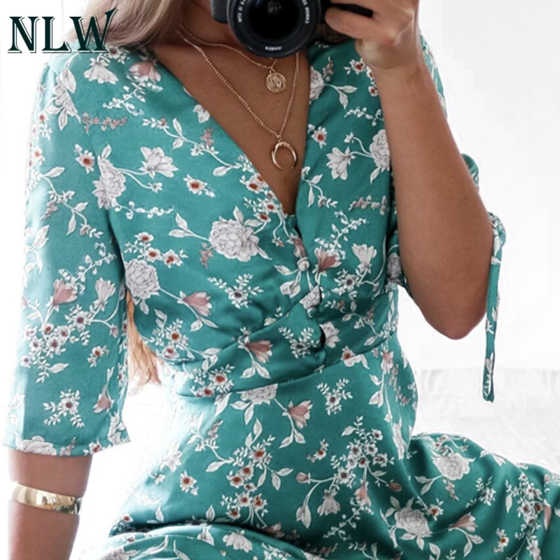 NLW повседневное сатиновое платье с принтом для женщин 2019 Весна VNeck короткий рукав