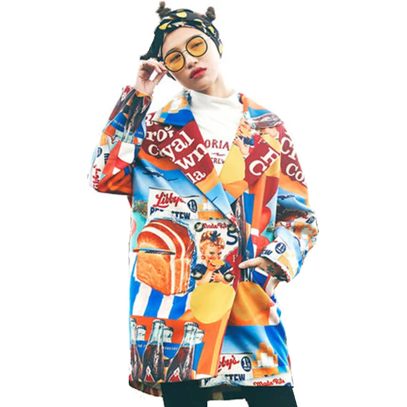 

New Autumn Winter Women Coat European And American Style Streetwear Print Double Breasted Loose Woolen Jacket Feminino Overcoat