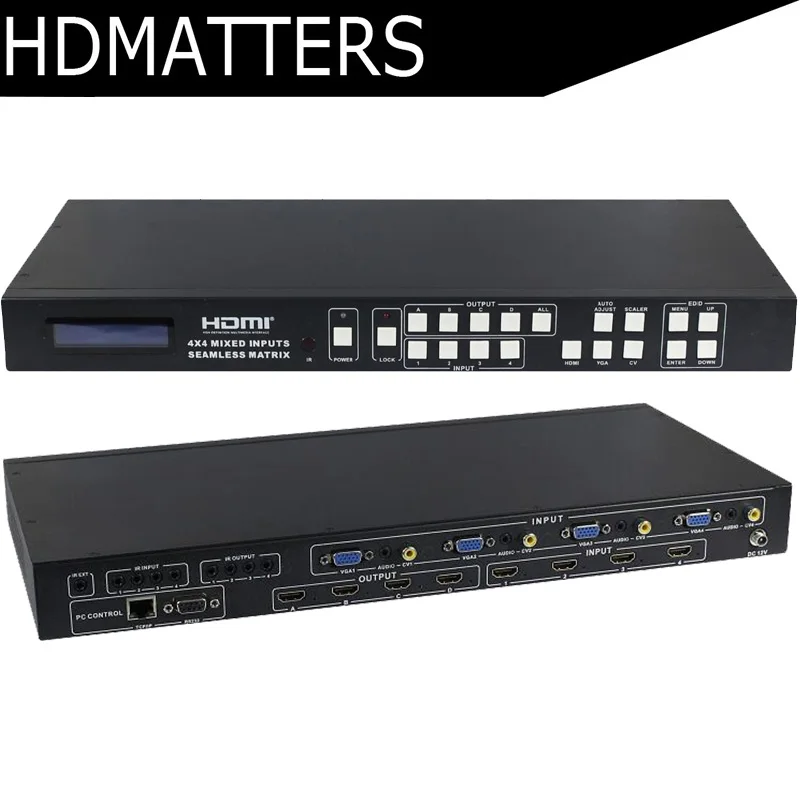 HDmatters AV VGA HDMI Matrix 4X4 seamless HDMI Switcher Splitter with HDMI/VGA/AV mixed inputs HDCP 1.44KX2KPIP/POP