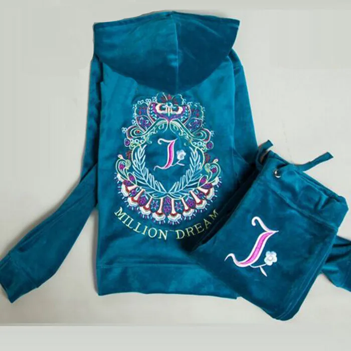Весна/Осень/ женский брендовый Бархатный спортивный костюм бархатный костюм Женская толстовка с капюшоном и штаны черный - Цвет: Peacock Blue