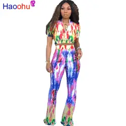 HAOOHU Летний Новый стильный женский комплект, модный короткий рукав, галстук-краситель, Женский комплект, женский укороченный топ, длинные
