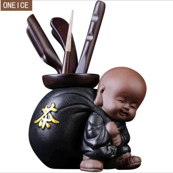 

6 pieces purple sand tea pet monk sculpture cute tea set pet decorative ceramic tea set accessories