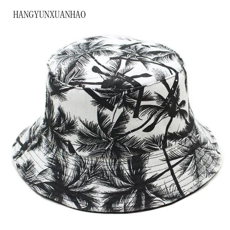 

2019 New Two Side Reversible Coconut Tree Bucket Hat Unisex Printing Hip Hop Hat For Women Men Panama Cap Summer Fisherman Hat