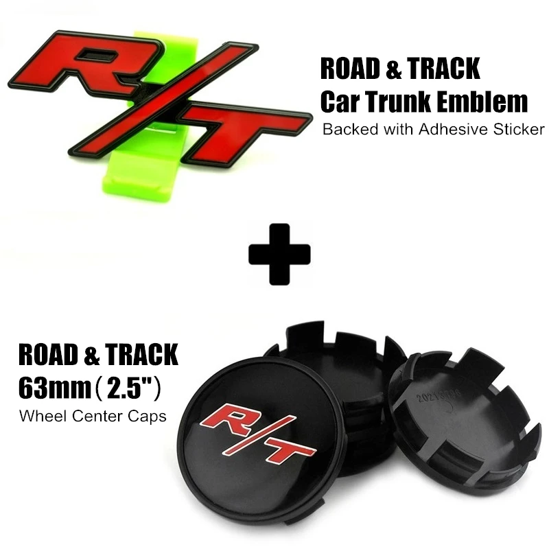 

Road & Track R/T RT Car Sticker and 63mm 2.5" Wheel Center Caps Combo for Challenger Charger