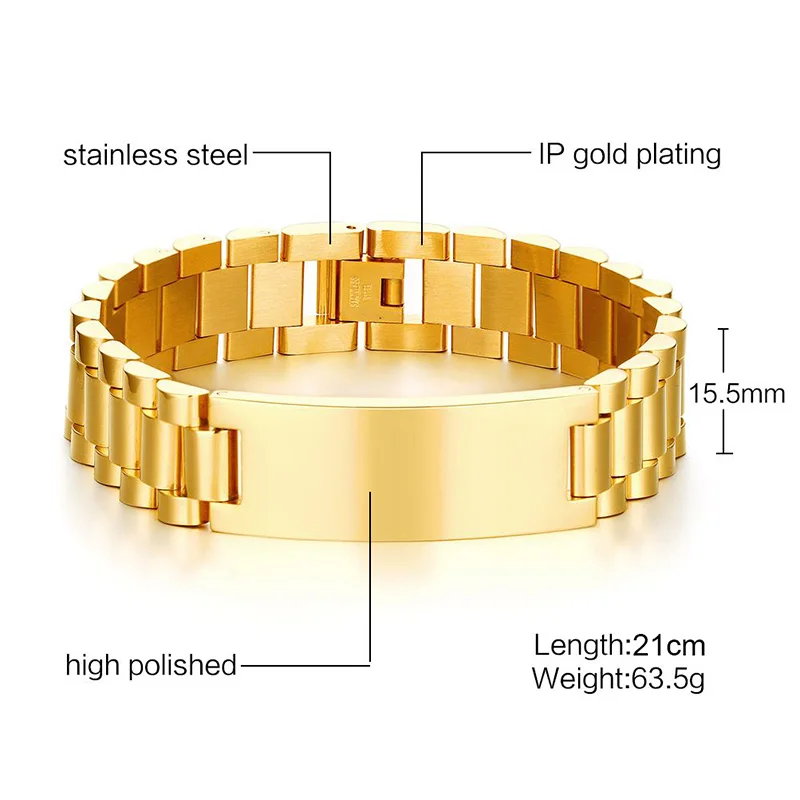 Vnox Personalized ID Men Bracelet Gold-color Stainless Steel DIY Engraving Words Chain Link Bracelet stainless steel bracelet