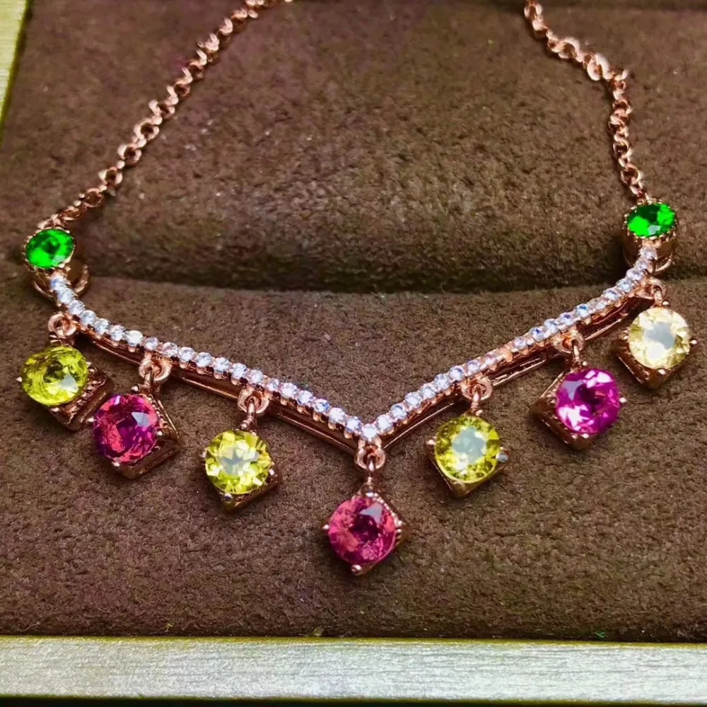 

Natural Multicolor tourmaline Heart peach Pendant necklace S925 silver Natural gemstone necklace women wedding gift jewelery