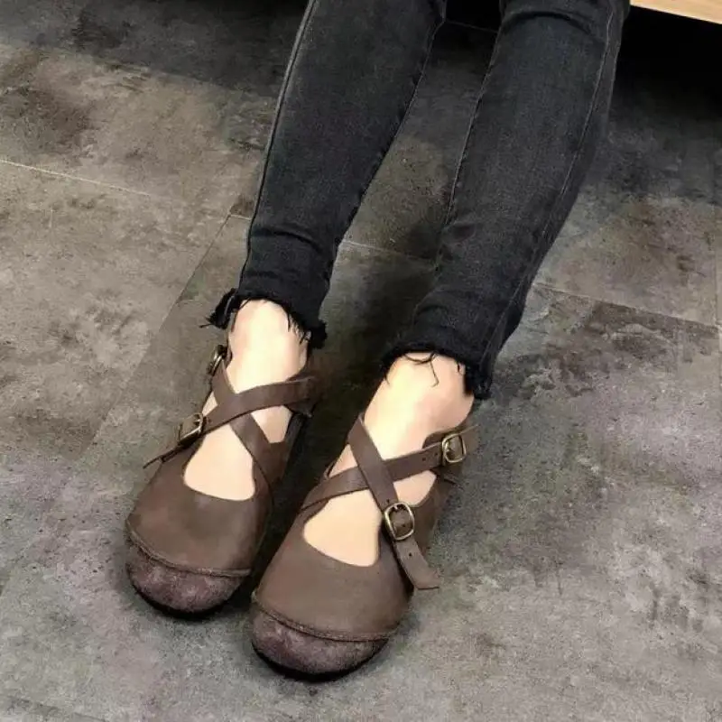 

Women Leather Ballat Flast Ankle Strap Low Heels Casual Shoes Women Spring 2019 Handmade Genuine Leather Women Flats Soft Bottom