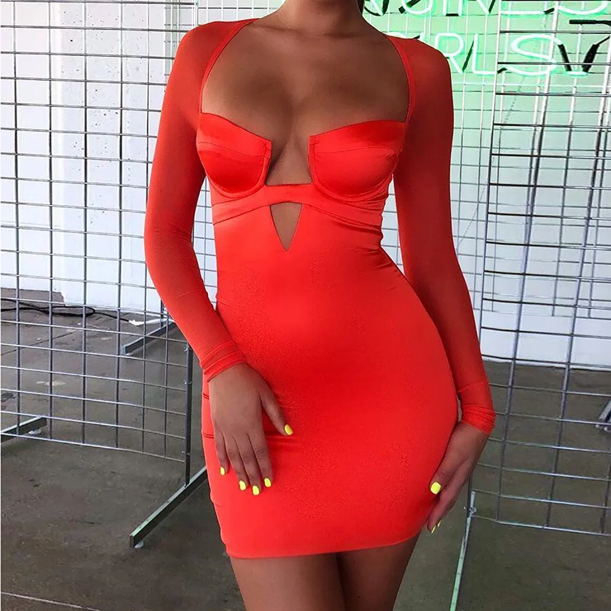 

Square Neck Neon Mesh Patchwork Satin Long Sleeve Backless Hollow Out Bandage Sexy Mini Dress 2019 Summer Party Night Pullover