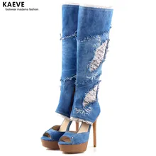 Sexy Blue Denim Lace Knee High Boots Women Platform Wedge Heeled Open Toe Lace Decor Long Boot Cowboy High Heel Booty R1 Size 43 цена Sexy Blue Denim Lace Knee High Boots Women Platform Wedge Heeled Open Toe Lace Decor Long Boot Cowboy High Heel Booty R1 Size 43 цены онлайн