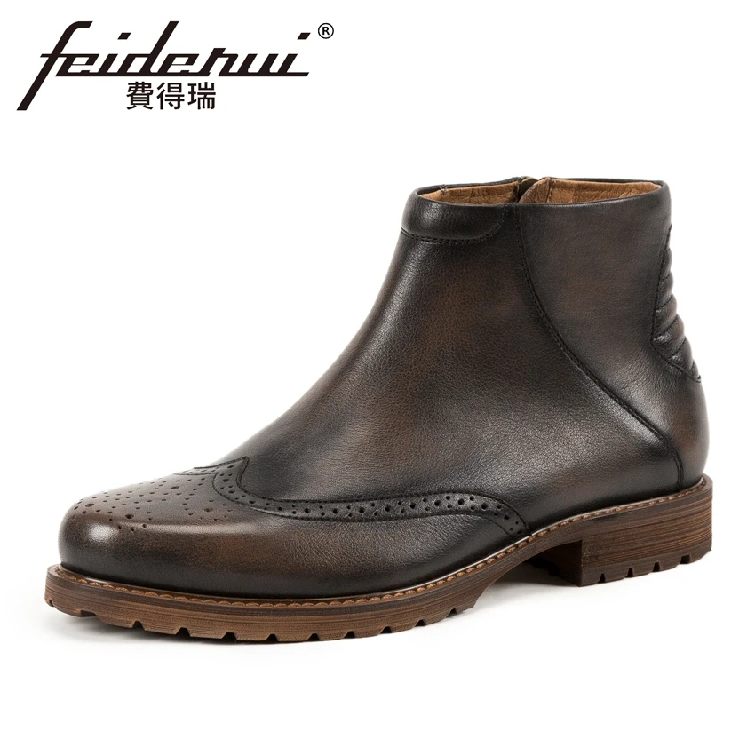 

Vintage Genuine Leather Mens High-Top Ankle Boots British Round Toe Zip Handmade Cowboy Riding Brogue Man Platform Shoes KUD136
