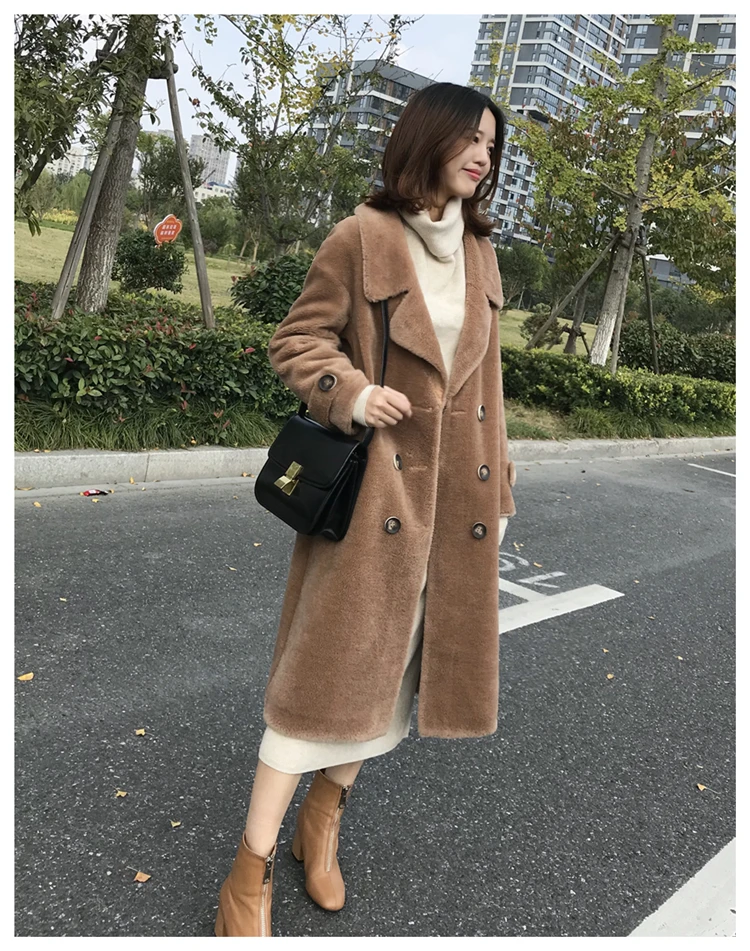 Женское пальто из натурального меха, шерсть, куртки для женщин, зимнее теплое пальто для стрижки овец, длинное двубортное пальто, LX2475