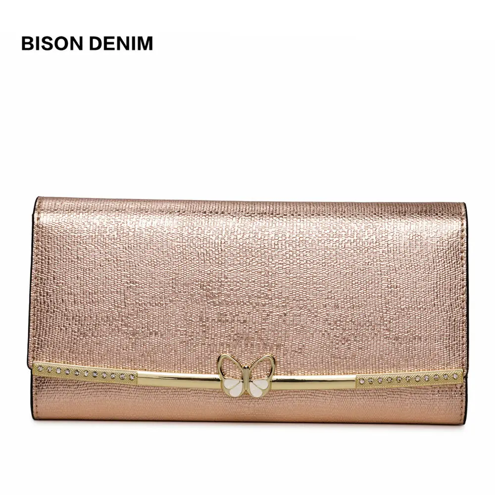 BISON DENIM Genuine Leather Purse Female Luxry Brand Women Wallets Long Zipper Long Clutch Card Holder Coin Purse N3272 contacts 2018 new brand design genuine leather woman wallets cell phone card holder female purse clutch women purse with zipper