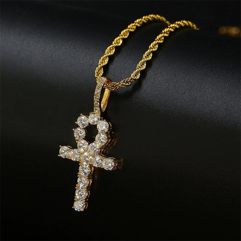 

Hip Hop Gold Color Cross Pendant Necklace Religious Iced Out Crystal Ankh Crucfix Necklace Jewelry For Men Golden Twisted Chain