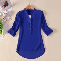 Новый Большой размер шифон женщины блузка Camisas Blusas Femininas 2014 дамы с длинным рукавом само лето белый синий блузки рубашка топы