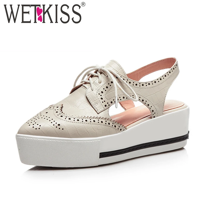 WETKISS 2018 Genuine Leather Women Platform Sandals Pointed Toe Cutout Lace Up Footwear Fashion Casual High Heels Female Shoes