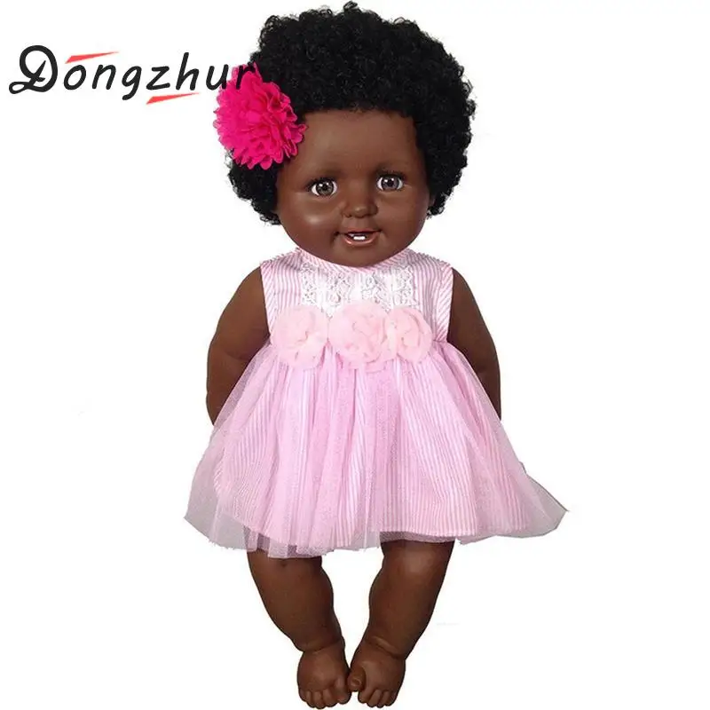 

African Black Baby Doll Reborn Girl 50 Cm Black Silicone Reborn Baby Dolls Born Lifelike Children Pink Dress Full Silicone Doll