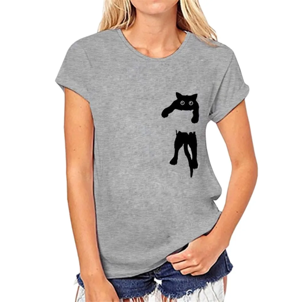 

T Shirt Women Streetwear Casual Cat Print Women Tops Short Sleeve White shirts Woman Clothe chemise femme Fashion 2019 femme