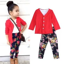 2PCS Fashion Girls Clothes Outfits Red Tops Blouse Floral Pants Set 1~7Y xmas