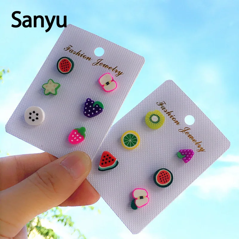 

Hot Sale Lovely Colorful Little Strawberry Watermelon Lemon Mini Fruit Earring Studs for Women Girl 6 Pairs A Set Food Earrings