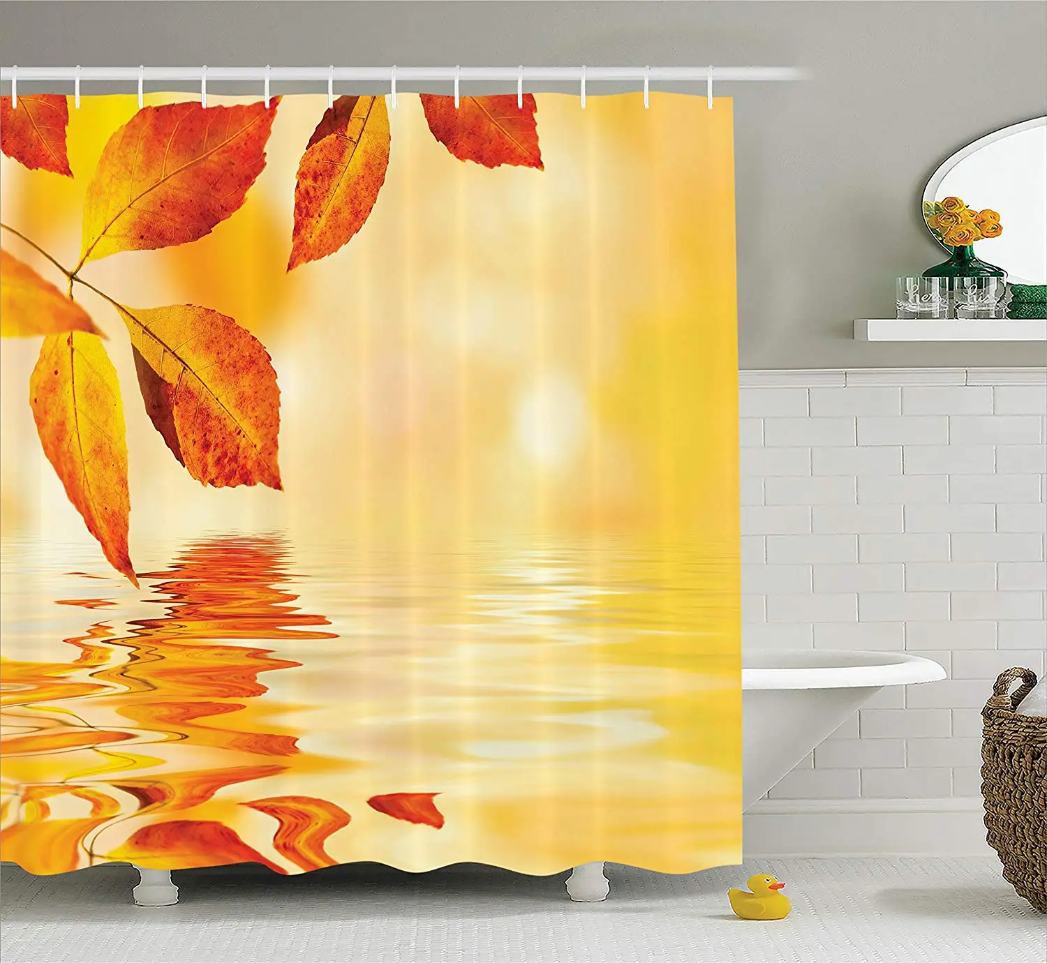 

Orange Shower Curtain Autumn Maple Leaves Shadow on the Water Mystic Magical Sun Artistic Image Fabric Bathroom Decor