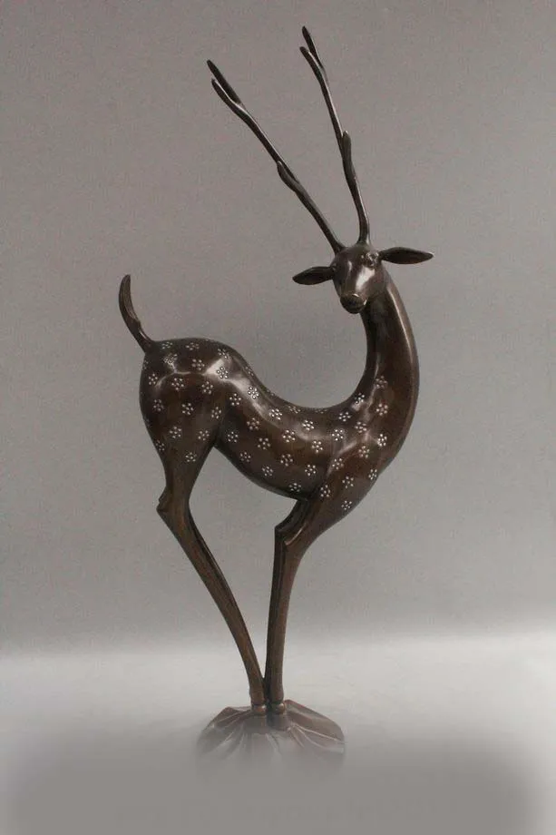 

24" China Chinese Folk Bronze Longevity Spotte Deer Animal Statue Sculpture DSD66