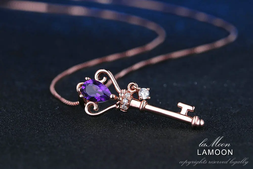 LAMOON Crown Key Pendant 925 Sterling Silver Necklace Jewelry 0.4ct Amethyst Gemstones Necklaces Rose Gold Plated Chain LMNI004