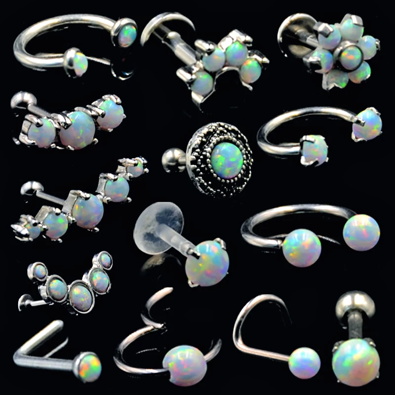 

BOG-1pcs Surgical Steel Opal Ear Tragues Septum Clicker Nose Ring Nipple Shield Labret Eyebrow Piercing Earring Body Jewelry