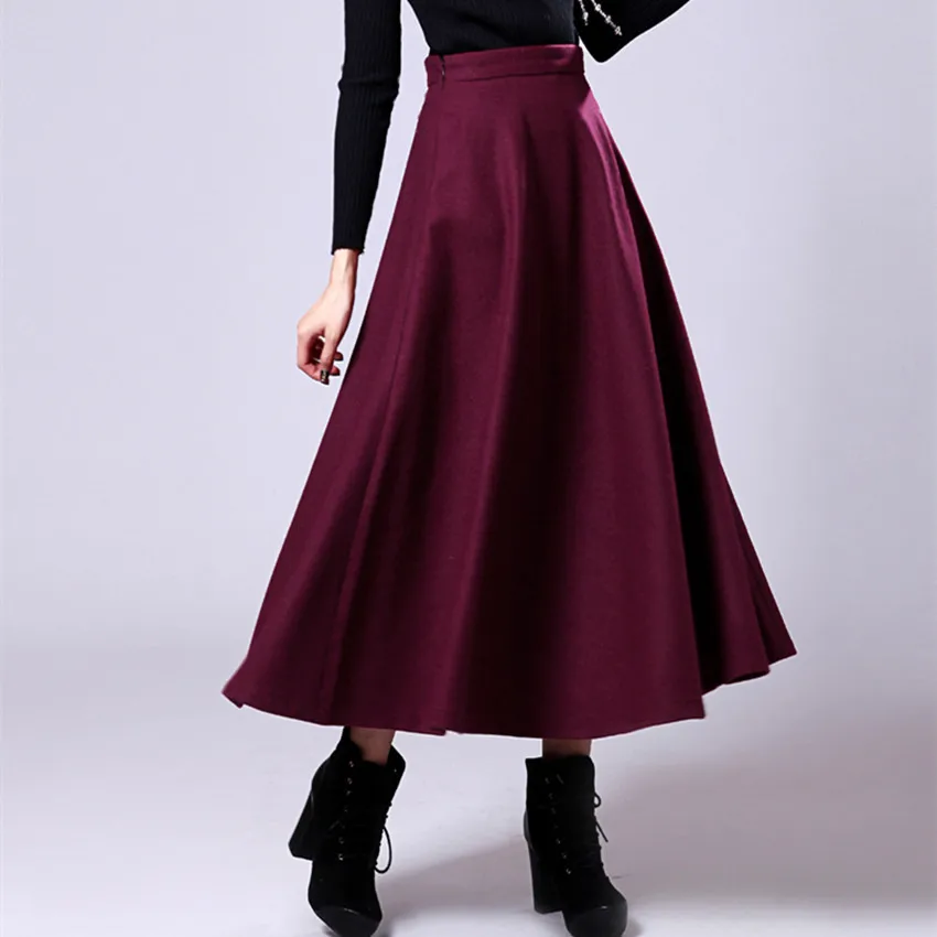 Women High Waist Wool Blend Long Skirt 2015 Fashion Casual Maxi A Line Thick Warm Winter S Plus