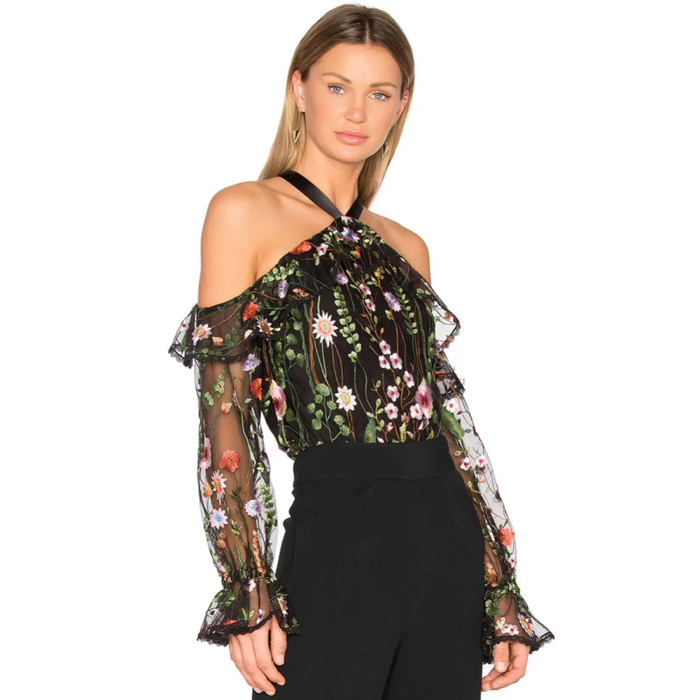 2019 Sexy Mujer Top bordado Floral hombro Tie Halter manga camisa transparente negro Ropa de Mujer 2019 Sexy Mujer Top bordado Floral hombro Tie Halter manga camisa transparente negro Ropa de Mujer