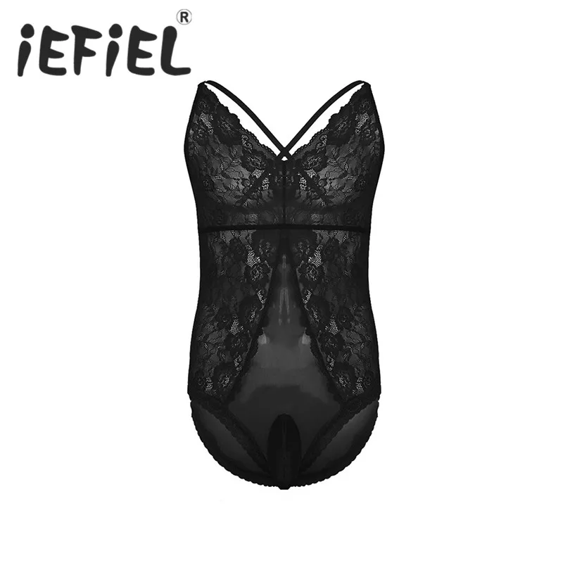

iEFiEL Sexy Mens Lingerie Bodystocking Lingerie Sexy Sissy Costumes Backless Floral Lace Bodysuit Jumpsuit Nightwear Sleepwear