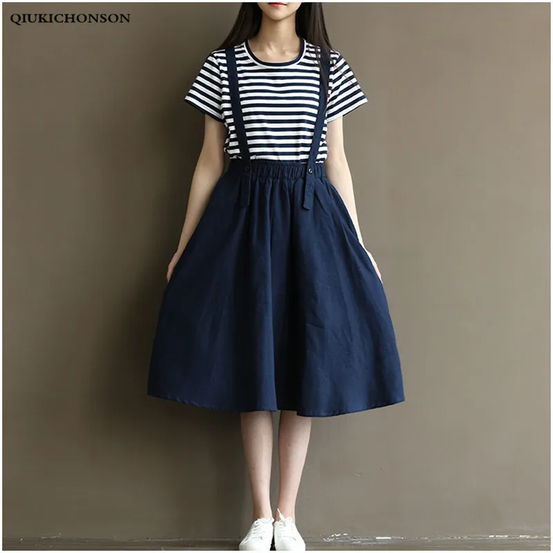 

Preppy style striped tshirt and cotton linen suspender skirt matching sets summer 2 pcs set women skirt sets