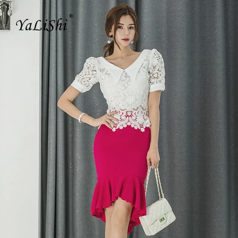 

Summer 2 Pieces Set White V Neck Lace Tops and Mermaid Asymmetrical Midi Skirts Office Ladies Bodycon Womens Office Vestidos