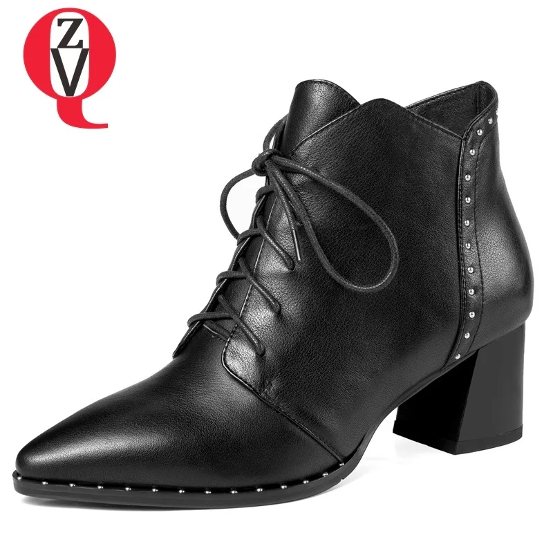 

ZVQ 2018 new fashion conicse genuine leather women shoes high square heel pointed toe cross-tied lace-up large size ankle boots