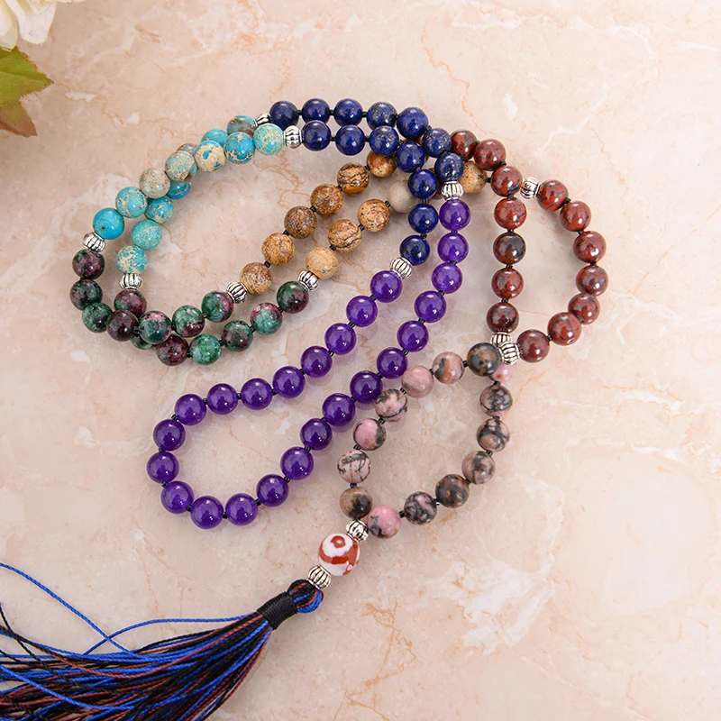 7 Chakra Mala Unique 8MM Natural Stone Long Tassel Necklace Women Meditation Necklace Knotted Bead Yoga Jewelry
