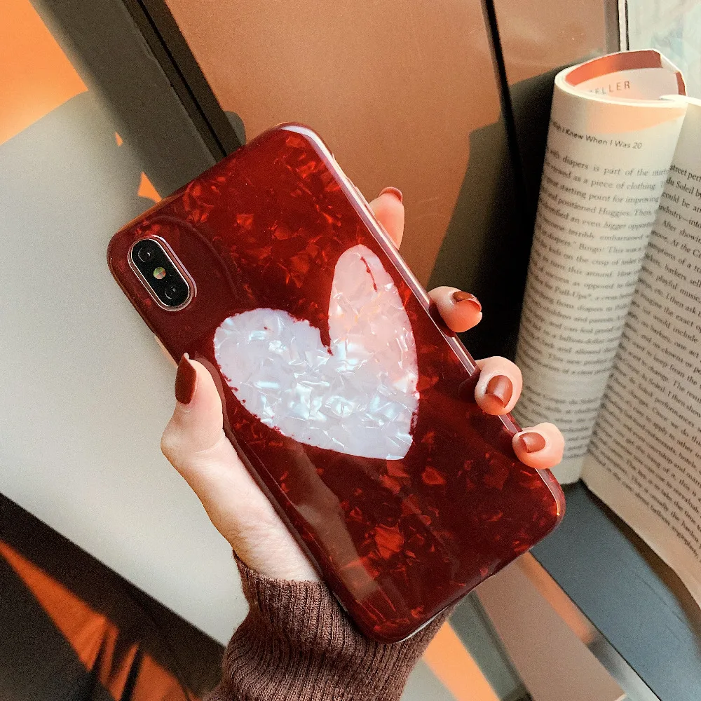 Marchcover Wine Red Lovely Heart Shell Pattern Glossy Case Soft TPU girl women cover for iPhone X XS MAX 8 7 6S 6 plus fundas |