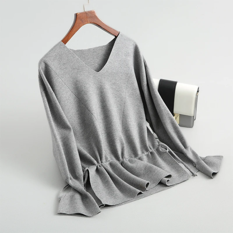 Women sweater loose style knitted solid color casual drawstring sweater design V-neck trumpet sleeve sweater