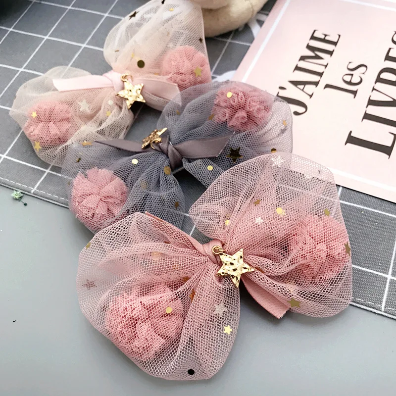 

Boutique 15pcs Fashion Gauze Pom Pom Ball Glitter Star Bowknot Hairpins Solid Kawaii Hair Bow Hair Clips Headwear Accessories